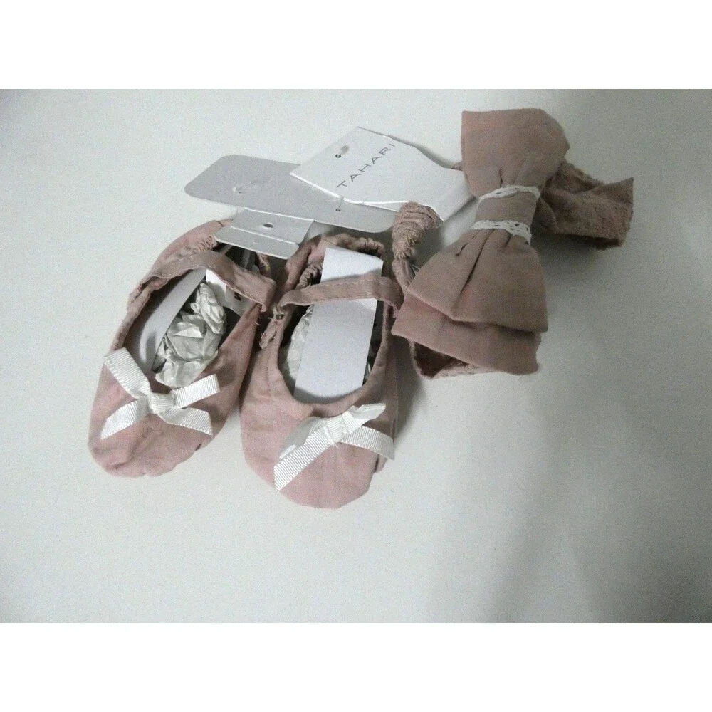 Tahari Baby New 9 Months Pink Bow Headband & Ballet Slipper Sock Ballet Flat Set